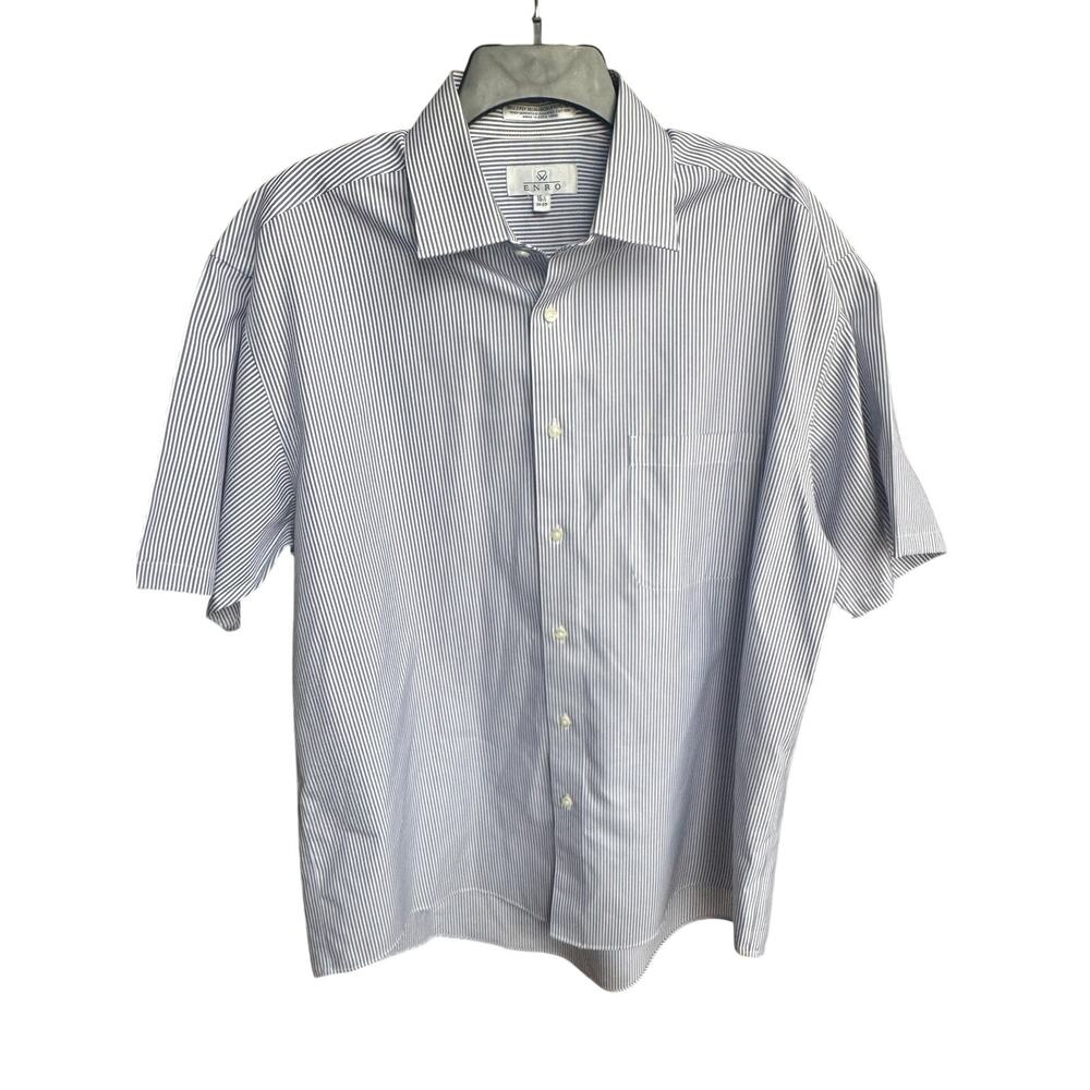 ENRO Men’s Blue White Short Sleeve Dress Shirt Size (Large) 16.5 Non-Iron Cotton